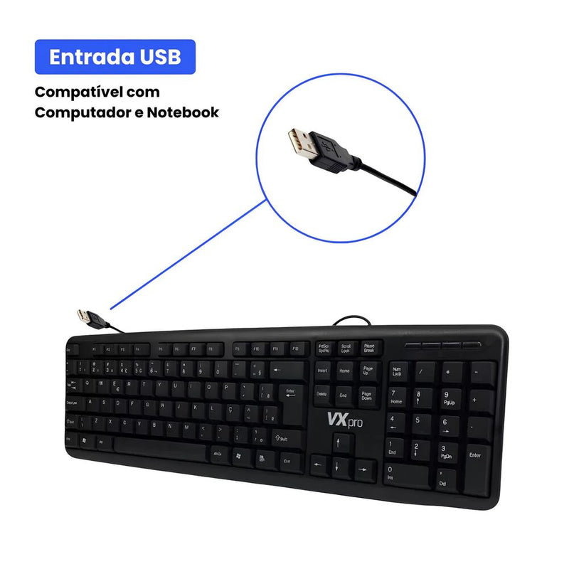 Teclado VXPRO KB110 USB Com Fio ABNT2 Preto Idioma Português