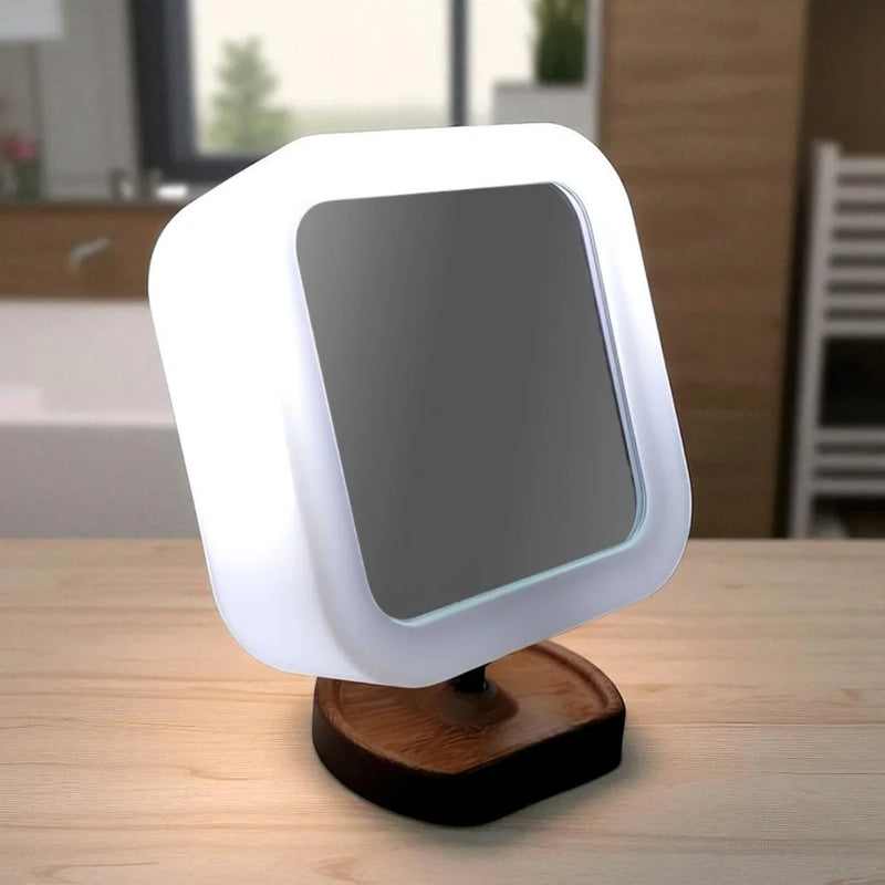 Espelho Maquiagem LED Articulado com Aumento e Base Madeira Premium