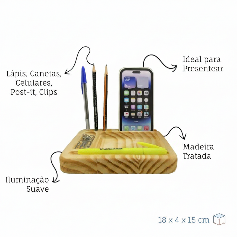 Organizador de Mesa Iluminado em Madeira - Porta Canetas, Celular e Post-It