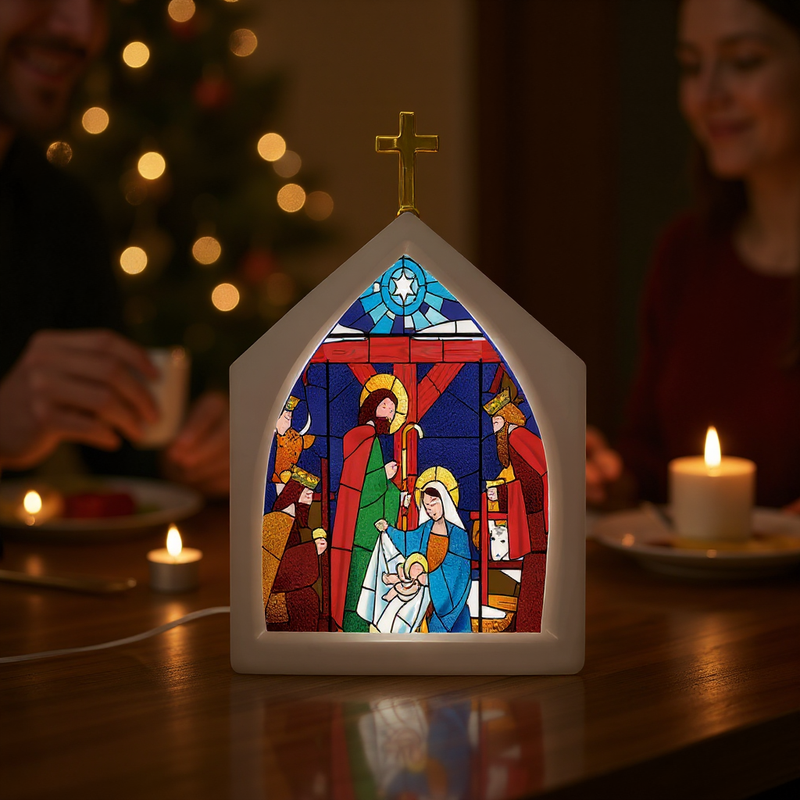 Luminária Vitral Capela Religiosa - Decoração Cristã Iluminada