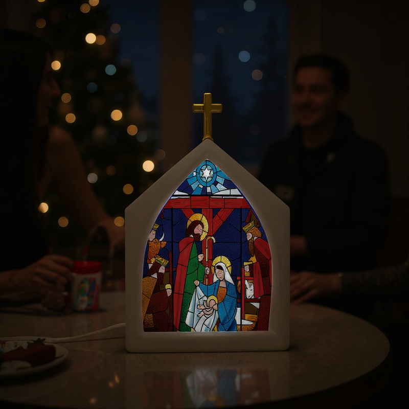 Luminária Vitral Capela Religiosa - Decoração Cristã Iluminada