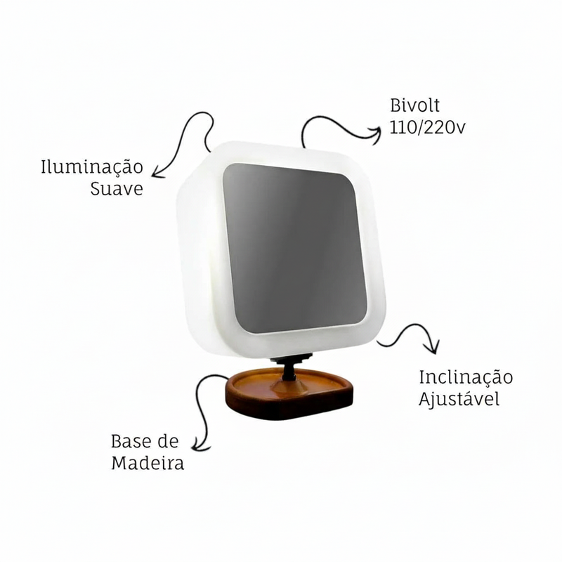Espelho Maquiagem LED Articulado com Aumento e Base Madeira Premium